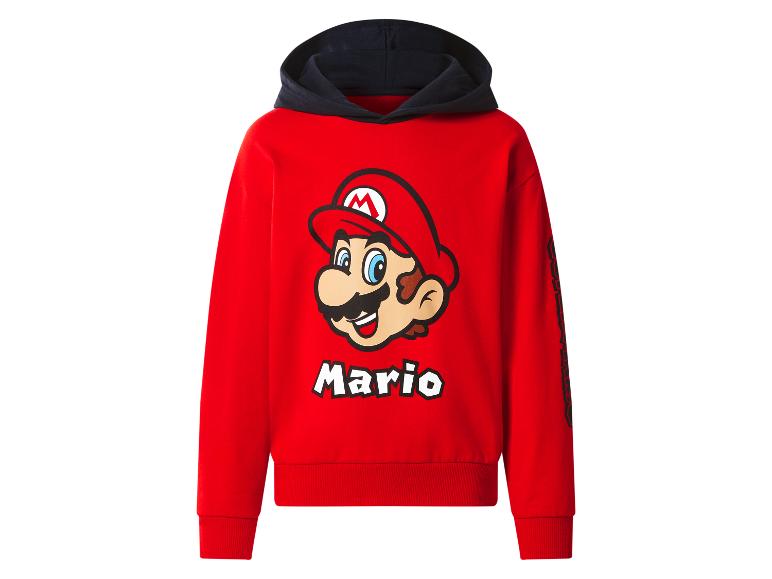 Sweat à capuche rouge avec un grand graphique du visage de Mario et le nom « Mario » imprimé en dessous.