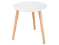 Une table basse ronde blanche avec des pieds en bois.