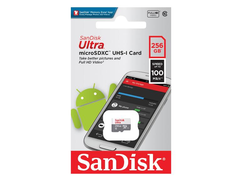 Carte mémoire microSDXC de 256 Go avec une vitesse allant jusqu'à 100 Mo/s pour la vidéo Full HD.