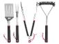 Ensemble d'ustensiles de barbecue en acier inoxydable: spatule, fourchette, pinces et brosse à manches noires.