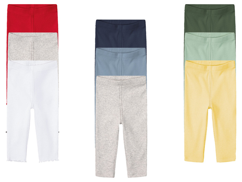 Six paires de leggings de différentes couleurs, y compris gris, blanc, rouge, bleu, vert et jaune.