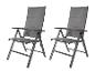 Deux chaises de jardin pliantes grises avec accoudoirs.