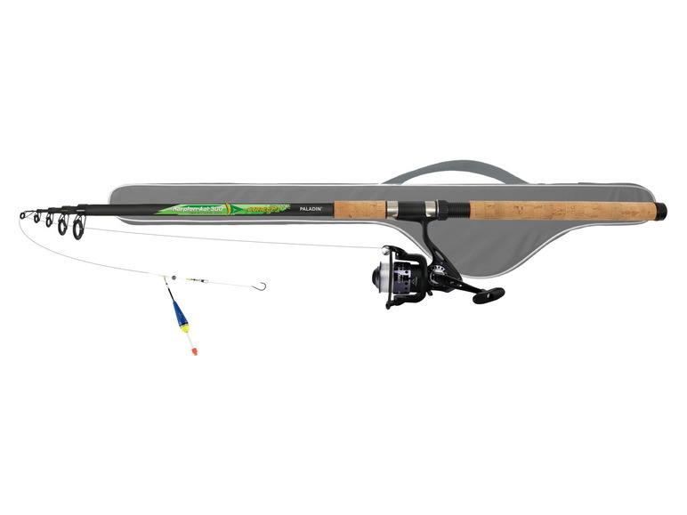 Une canne à pêche Paladin Karpfen-Aal 300 Concept avec moulinet et flotteur.