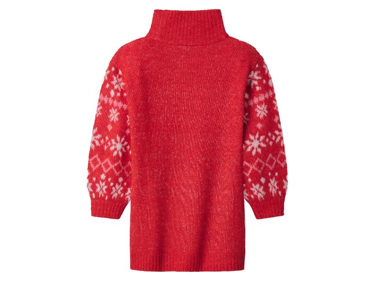 Robe pull rouge à col roulé avec des flocons de neige blancs sur les manches.