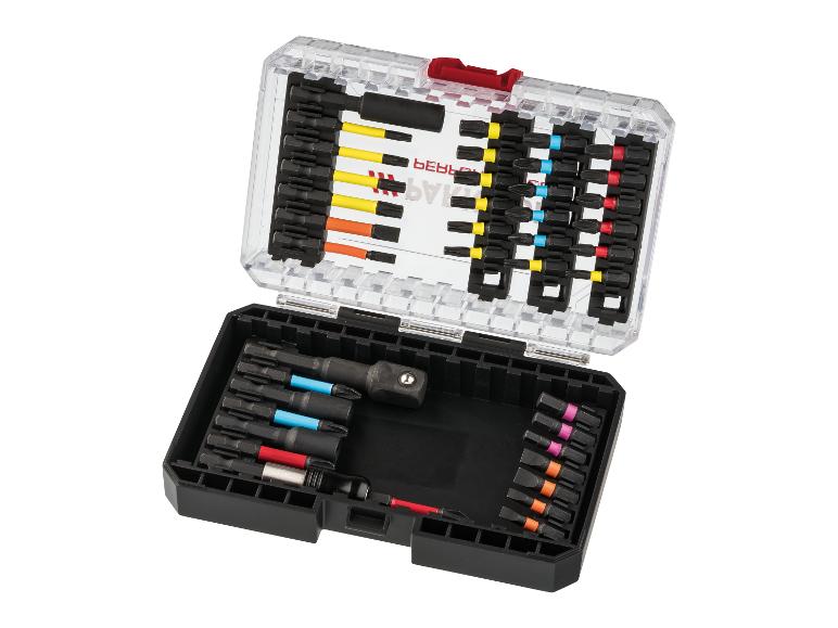 Ensemble d'embouts de tournevis colorés dans une boîte transparente ouverte.