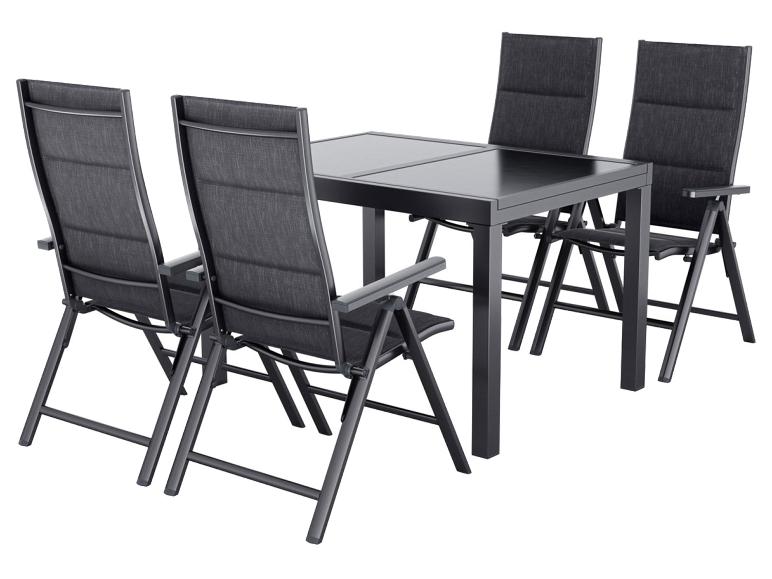 Ensemble de mobilier de jardin: table et quatre chaises pliantes gris foncé.