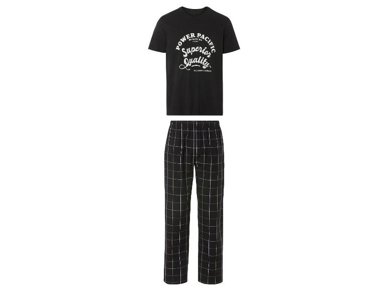 Pyjama noir avec un t-shirt à l'impression Power Pacific et un pantalon à carreaux.