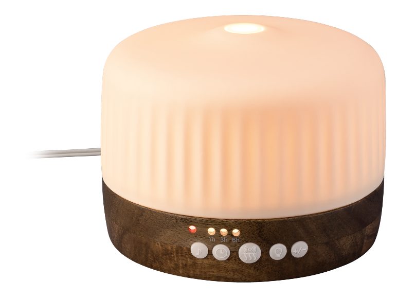 Diffuseur d'huiles essentielles en bois et verre dépoli avec boutons de commande et voyants lumineux.