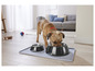 Un chien mange dans un bol noir sur un tapis en silicone gris.