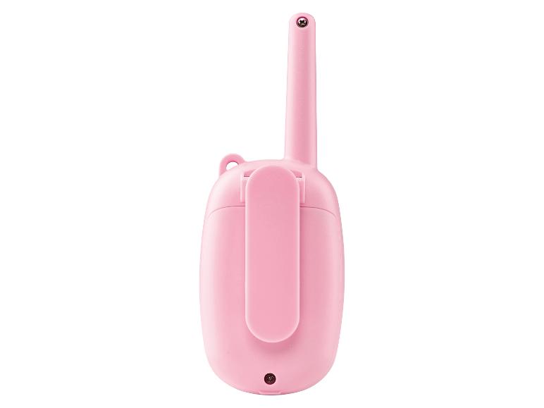 Radio portable rose avec antenne et clip de ceinture.