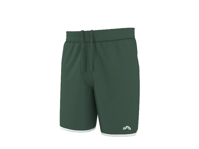 Short de sport vert foncé avec bordure blanche et cordon de serrage à la taille.