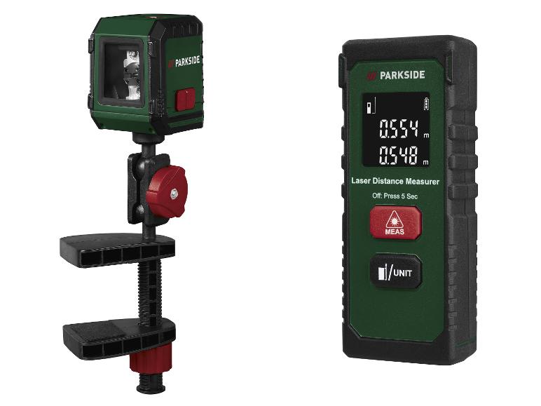 Un niveau laser avec une pince et un télémètre laser affichant 0,554m et 0,548m.