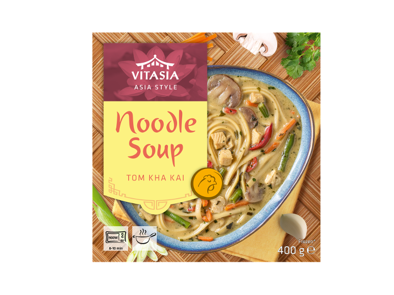 Soupe de nouilles congelée, style Tom Kha Kai, avec poulet, champignons et légumes, 400g.
