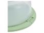 Gros plan d'un porte-gâteau vert clair avec un couvercle dôme transparent.