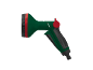 Pistolet pulvérisateur manuel vert et rouge pour tuyau d'arrosage avec jet réglable.