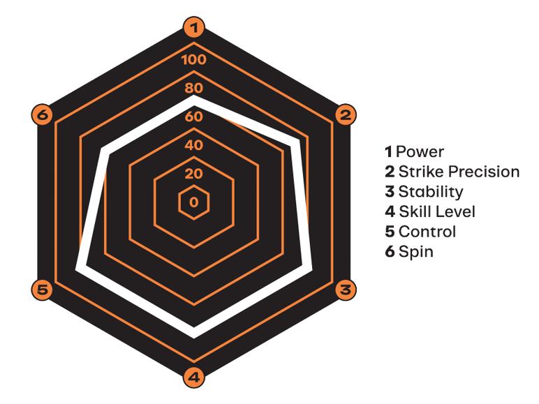 Graphique radar montrant les métriques de performance : Puissance, Précision de frappe, Stabilité, Niveau de compétence, Contrôle et Effet.
