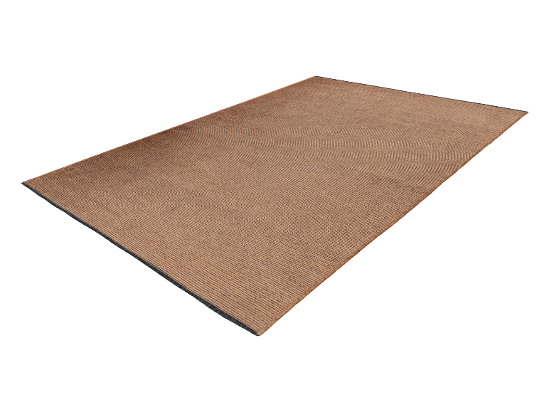Tapis brun clair à rayures, style minimaliste.