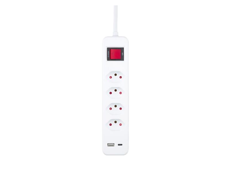 Multiprise blanche avec cinq prises, interrupteur marche/arrêt et ports USB.