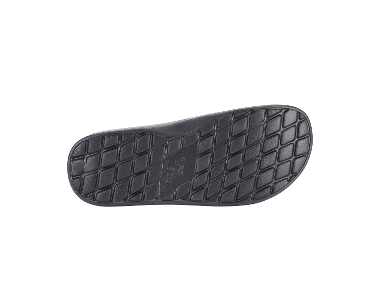 Semelle noire de sandale avec motif en losanges et informations de taille.