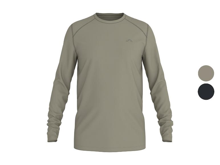 T-shirt à manches longues kaki avec surpiqûres contrastées et logo, avec options de couleur grise et noire.