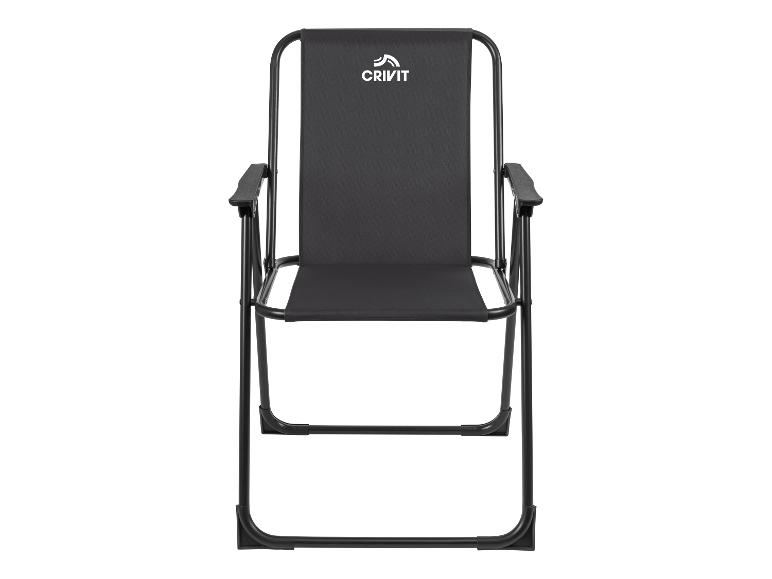 Chaise de camping pliante noire avec dossier et assise en tissu.