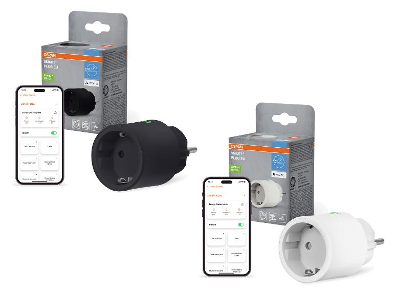 Deux prises intelligentes, une noire et une blanche, avec une interface d'application de gestion d'énergie.