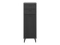 Une armoire noire avec deux tiroirs et une porte à lattes verticales.