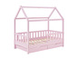 Un lit d'enfant rose avec un toit en forme de maison et deux tiroirs.