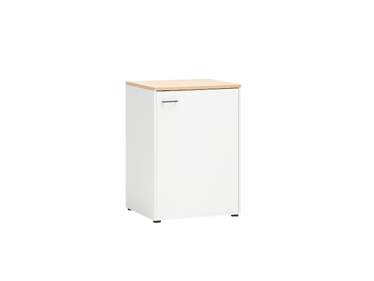 Meuble blanc avec plateau en bois clair et poignée métallique