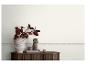 Mur blanc avec une bordure à motif grec, une plante dans un vase et des objets décoratifs sur un meuble en bois.