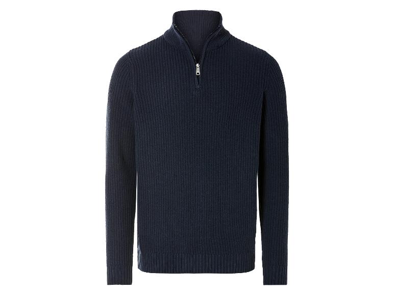 Un pull bleu marine en maille avec fermeture éclair.