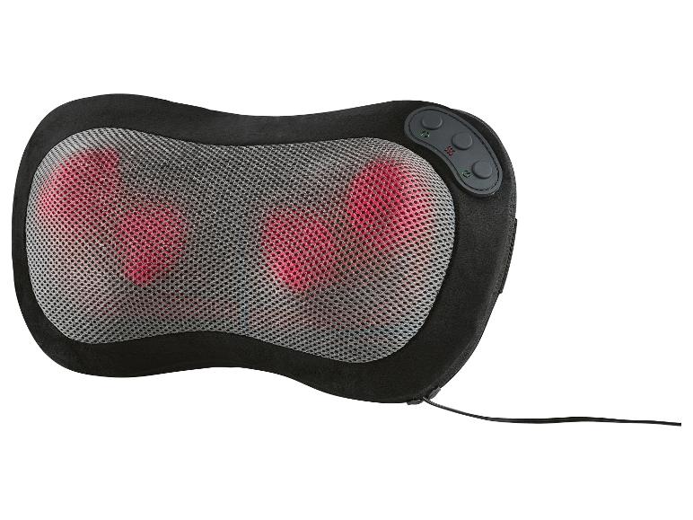 Coussin de massage noir avec lumières rouges et panneau de commande.