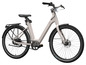 Un vélo électrique beige avec transmission par courroie.