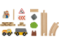 Ensemble de jouets de chantier en bois avec rails de train, véhicules, figurine d'ouvrier et panneaux.