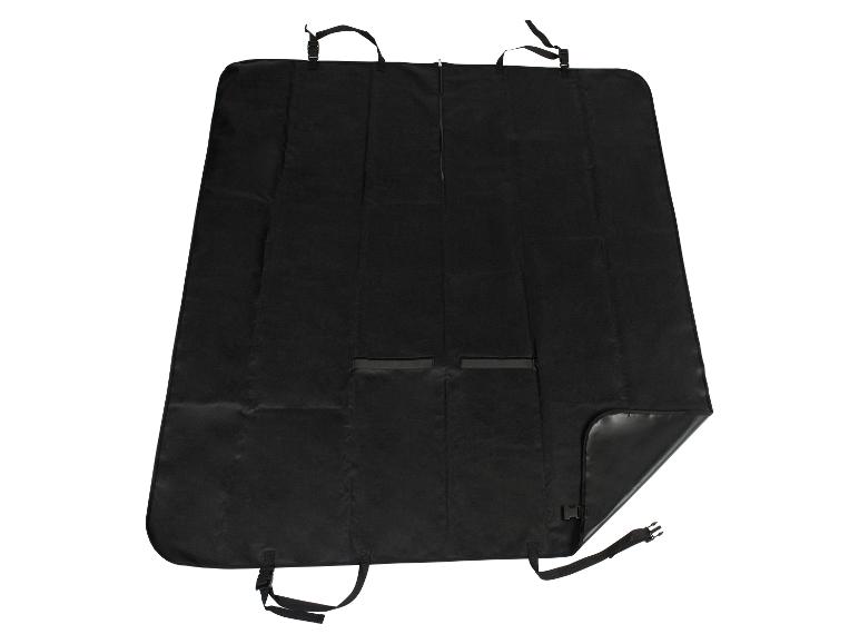 Housse de siège arrière de voiture noire avec sangles et poches.