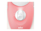 Un épilateur Braun rose avec un interrupteur blanc.