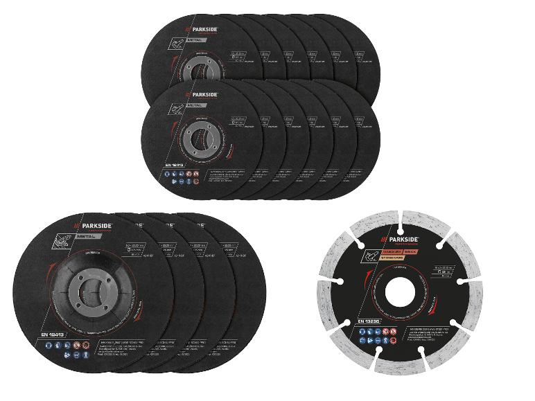 Assortiment de disques de coupe et de meulage pour métal et maçonnerie, avec diverses tailles et spécifications.
