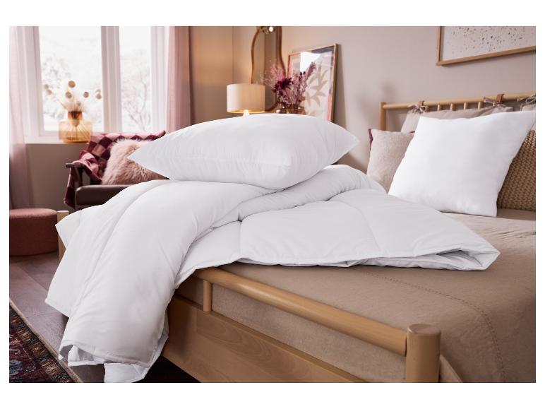 Couette et oreillers blancs sur un lit dans une chambre douillette avec lumière naturelle.