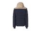Une veste d'hiver bleu marine avec une capuche beige.