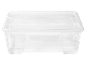 Boîte de rangement en plastique transparent avec couvercle, idéale pour organiser divers articles.