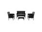 Ensemble de mobilier de jardin en rotin noir avec un canapé deux places, deux fauteuils et une table basse.