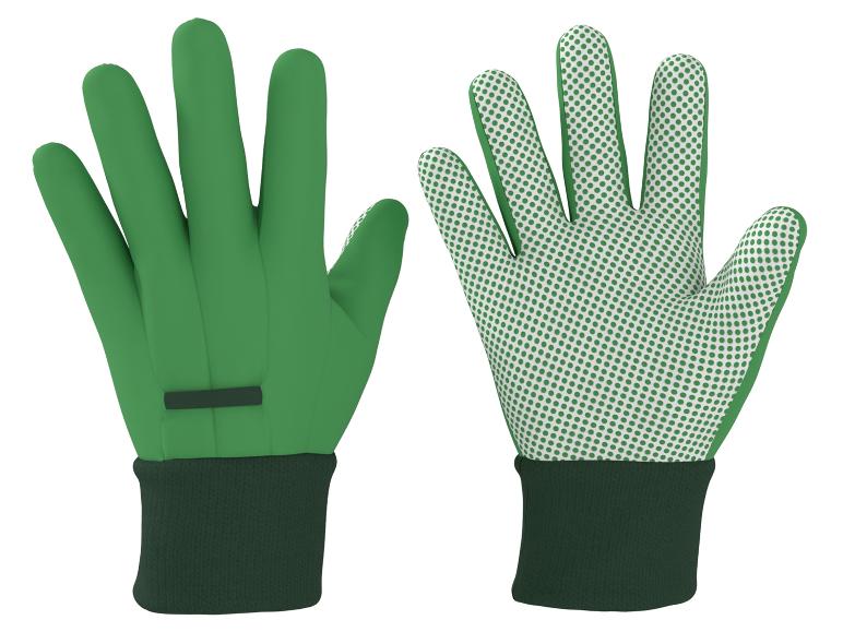 Une paire de gants de jardinage verts avec des points antidérapants.