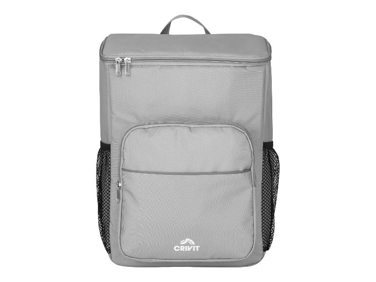 Sac à dos isotherme gris Crivit avec poche avant et poches latérales en filet.