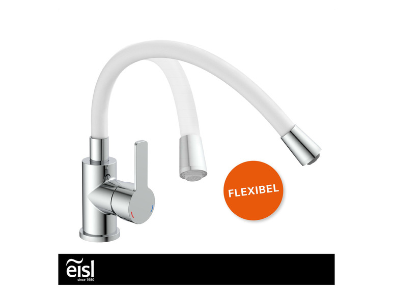 Un robinet de cuisine Eisl avec un bec flexible et blanc.