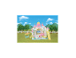 Un château de jouet coloré avec toboggan, balançoire et petites figurines d'animaux dans un jardin.