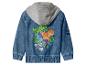 Veste en jean pour enfant avec capuche grise et imprimé dinosaure et chien avec le texte « DINO EXPERT ».