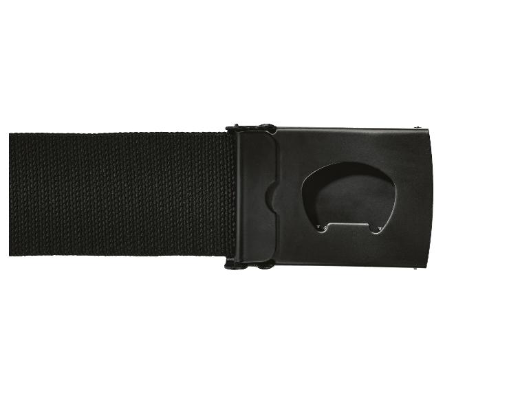 Ceinture noire en toile avec boucle en métal noir et décapsuleur intégré.