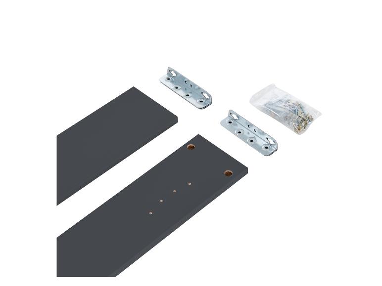 Deux planches de bois grises, deux charnières métalliques et un paquet de vis.