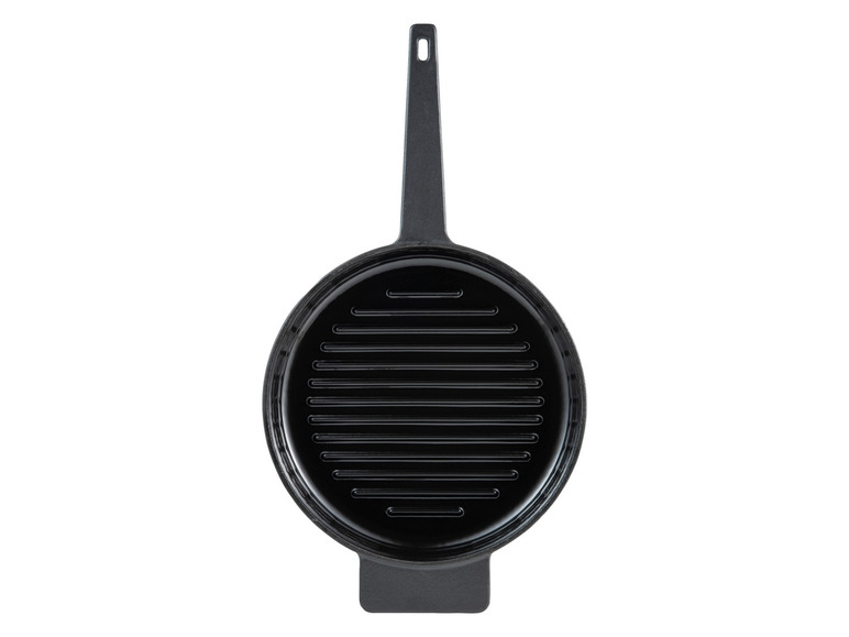 Une poêle à griller noire avec une longue poignée