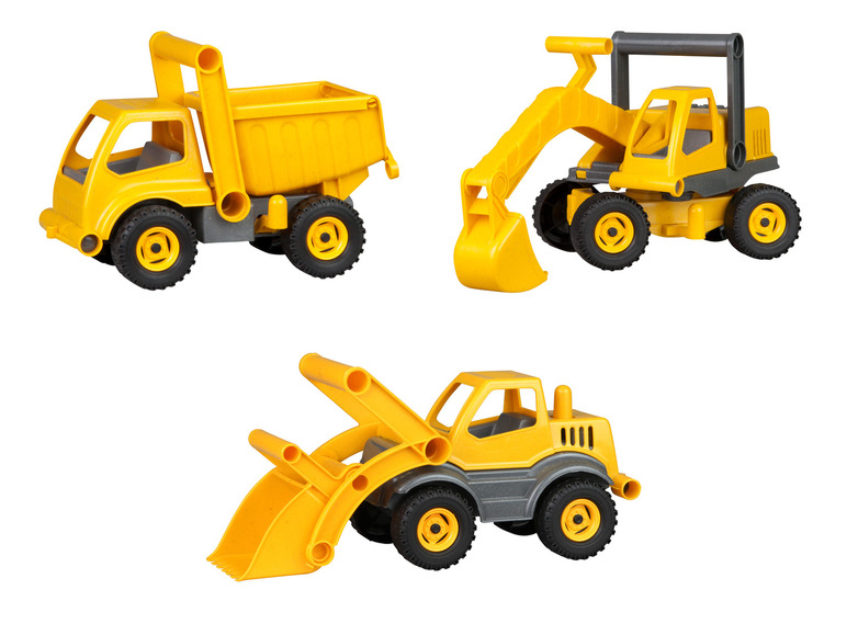 Véhicules jouets jaunes, y compris un camion benne, une excavatrice et une pelle.